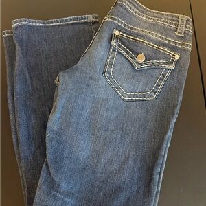 Paisley Sky Dark Blue Straight Leg Jeans Rhinestone Accents Excellent Size 10